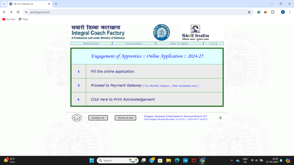 Online Application of ICF Chennai