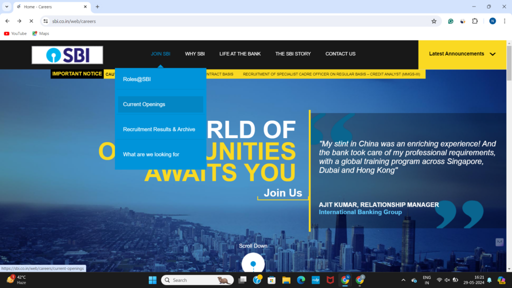 Navigate to the “Join SBI” menu and select “Current Openings”