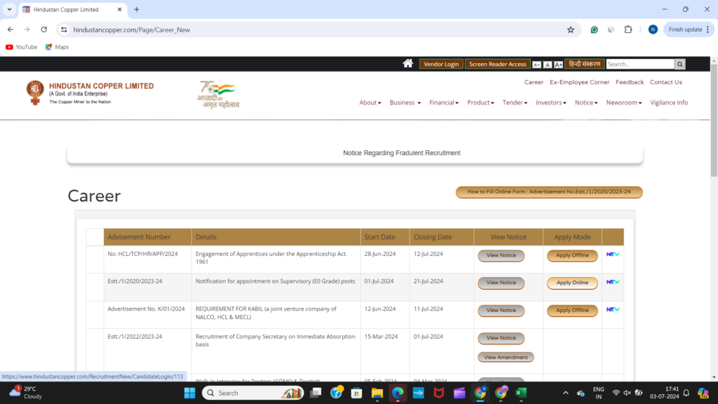 Official Website for Hindustan Copper Recruitment 2024
