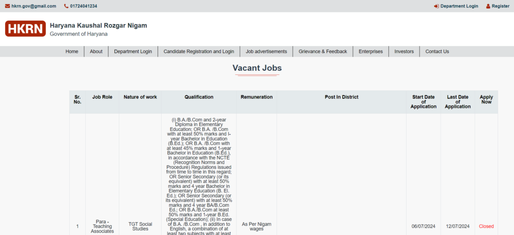 Haryana Kaushal Rozgar Nigam Registration Page