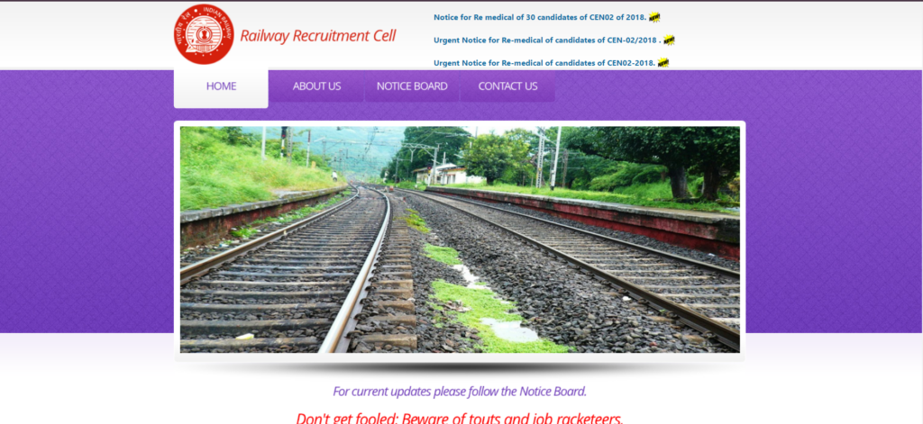 Railway Recruitment Cell Website landing page