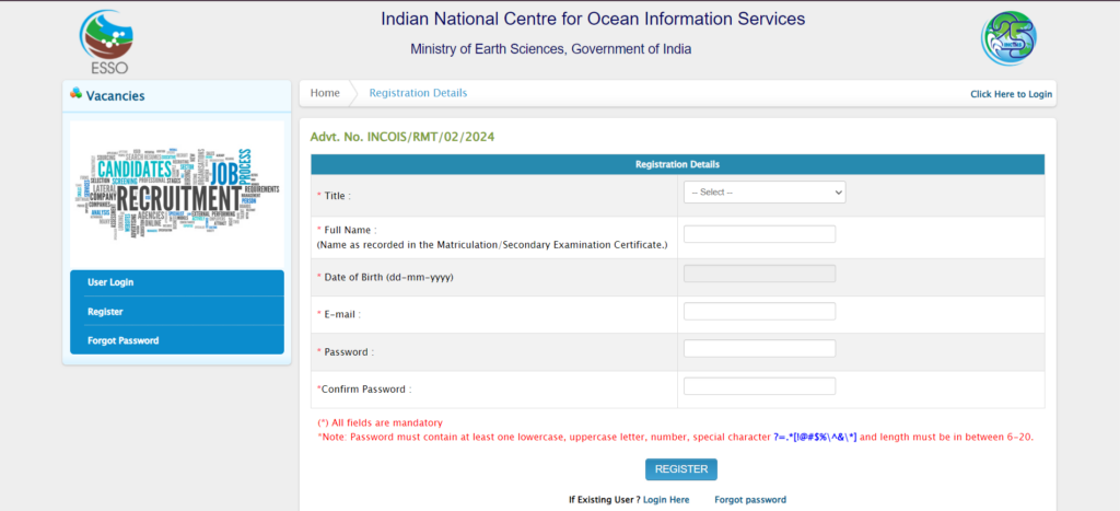 Online Registration form on ESSO Website for INCOIS Vacancies