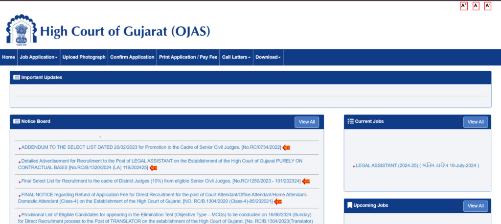 Landing page of OJAS website for Gujarat High Court Recruitment 2024