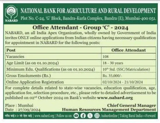 Notification of NABARD Office Attendant Recruitment 2024